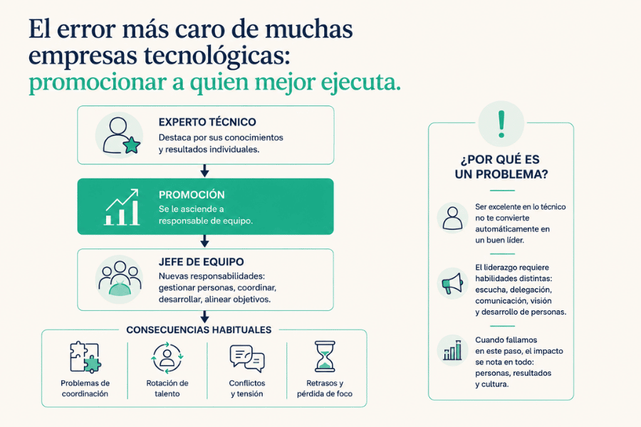 Infografía sobre el error estratégico en empresas tecnológicas de promocionar al mejor experto técnico a jefe de equipo y sus consecuencias operativas (rotación, conflictos, retrasos y problemas de coordinación).